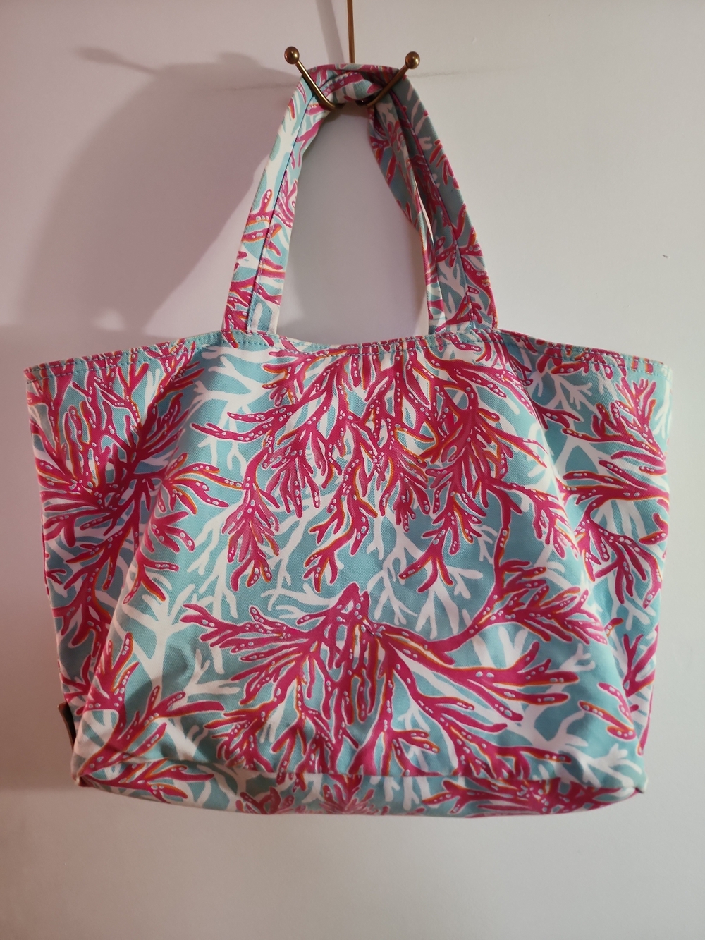 Lilly Pulitzer Coral Reef Pink /White/Blue Large Washable Canvas Open Tote Bag